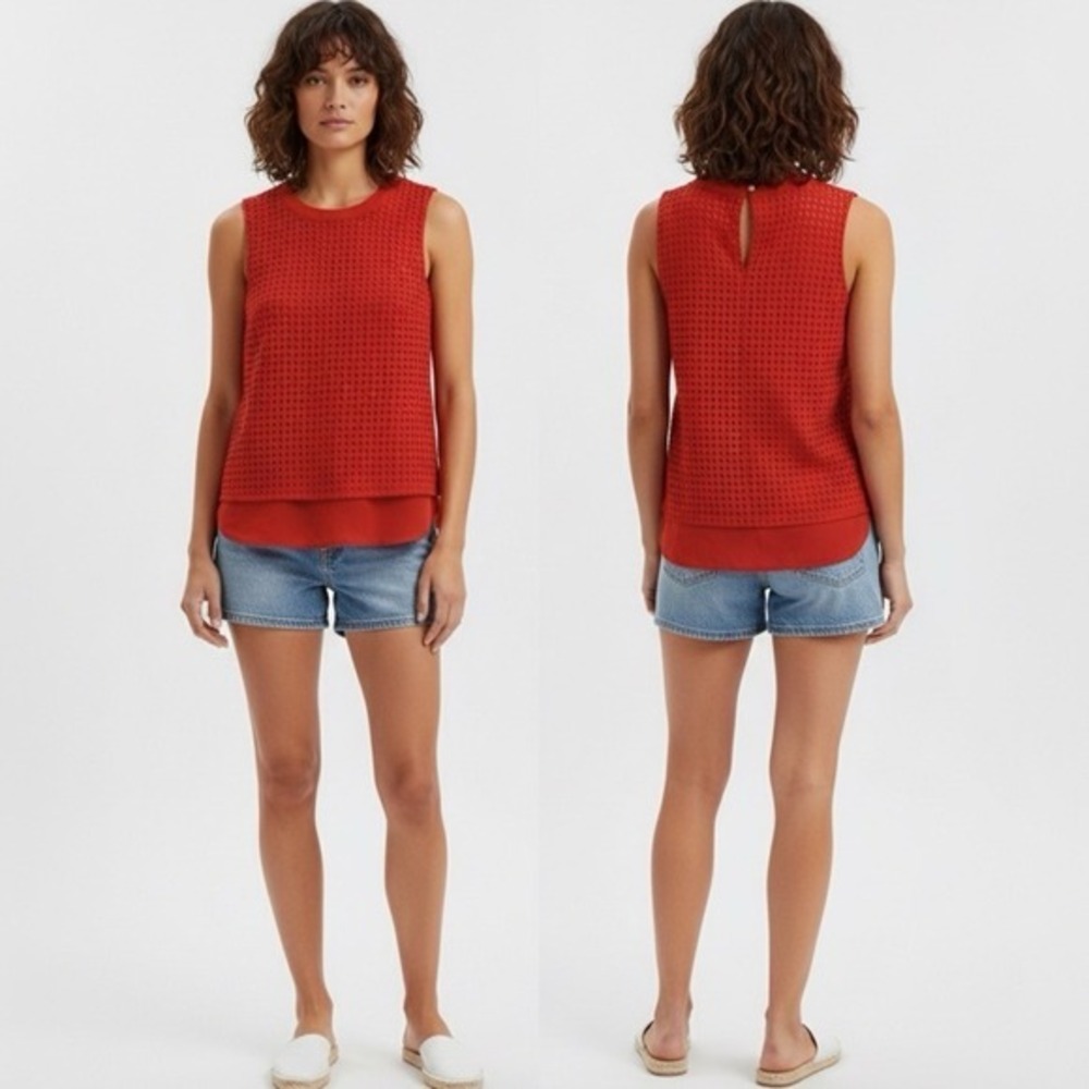J.Crew Red Cotton Eyelet Sleeveless Layered Keyhole Top G3451 Size 0